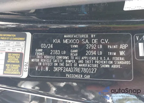 2024 Kia Forte Lxs from USA, damaged, VIN 3KPF24AD7RE780127